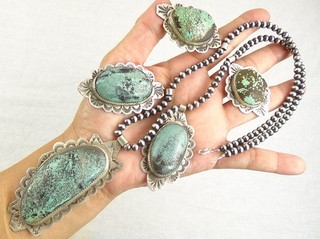 HEAVY 129g 23" Native Signed Sterling 5 BIG Turquoise Beads Necklace Navajo