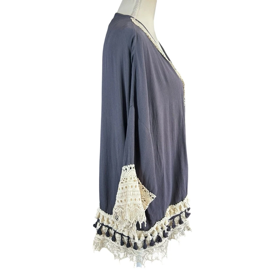 Cárdigan Weavers Frente Abierto Mujer Talla S Gris Crema Flecos Crochet Boho Kimono Foto 4 de 4