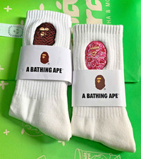 BAPE A Bathing Ape White Crew Socks Embroidered Logo 2 Pair Set Streetwear NWT