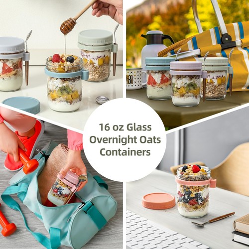 6 Pack Overnight Oats Containers with Lids and Spoons, 16 oz Glass Mason Over... - Picture 6 of 7