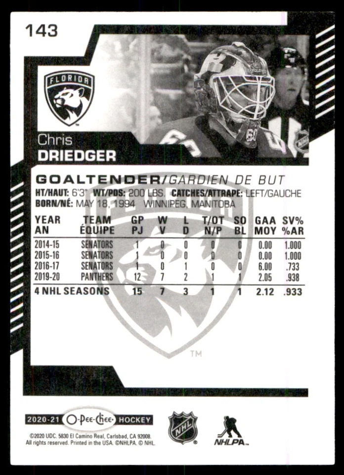 2020-21 O-Pee-Chee Chris Driedger Florida Panthers #143 - Image 2 of 2