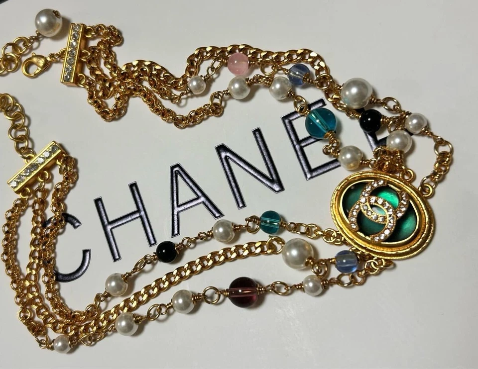 Chanel Gargantilla Collar Cadena Oro Piedra Natural Cuentas Perlas Vidrio con Caja 45cm Foto 3 de 4