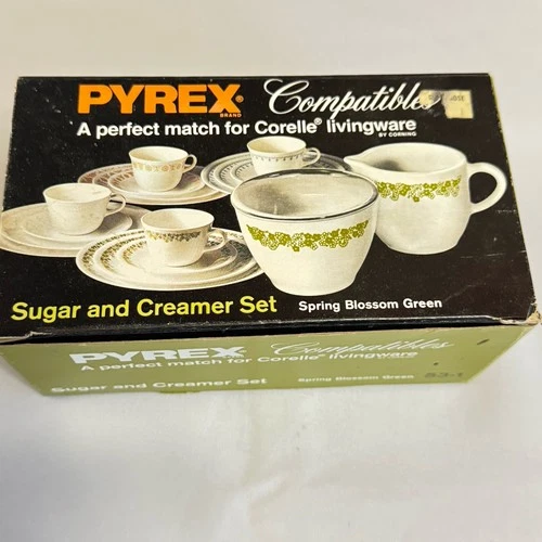 PYREX Corning Spring Blossom Crazy  Creamer Sugar & Lid HTF 3 Piece Set Vintage