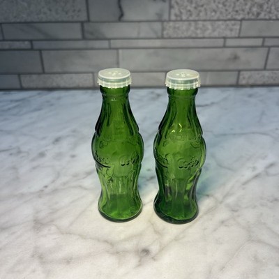 Coco Cola Soda Dark Green Glass Salt Pepper Shakers Vintage Collectible 4  set  