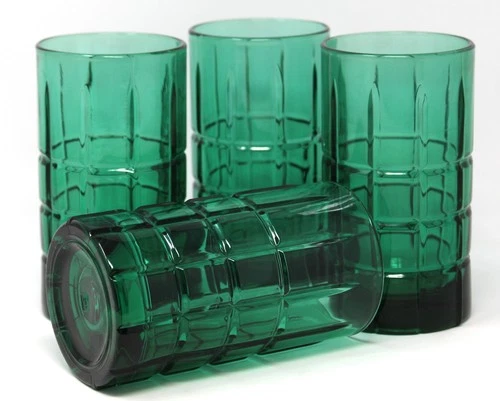 Set of 4 Vintage Anchor Hocking Tartan Plaid Emerald Green 16 oz Glass Tumblers