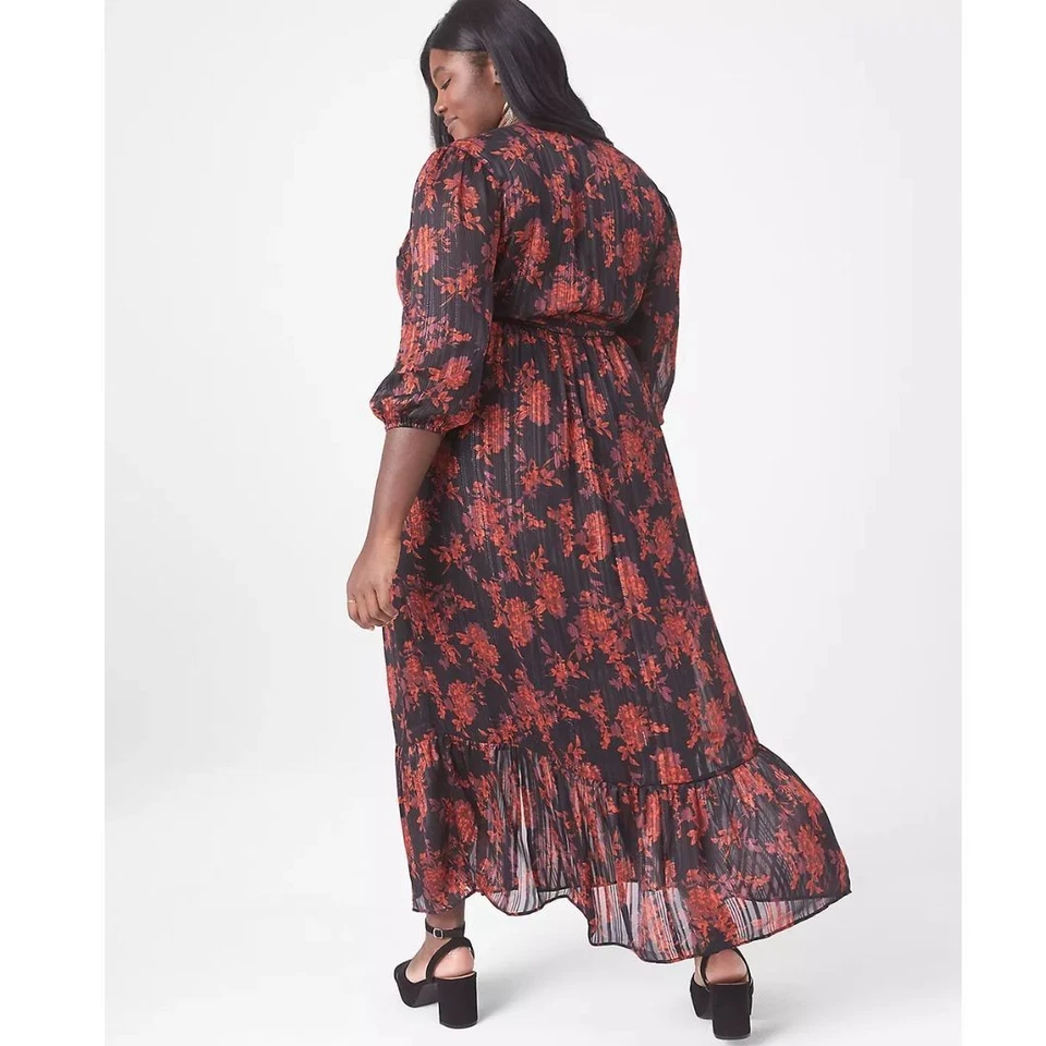 Lane Bryant Black Red Floral Maxi Dress Plus Size 24 Romantic Chiffon Metallic - Image 2 of 4
