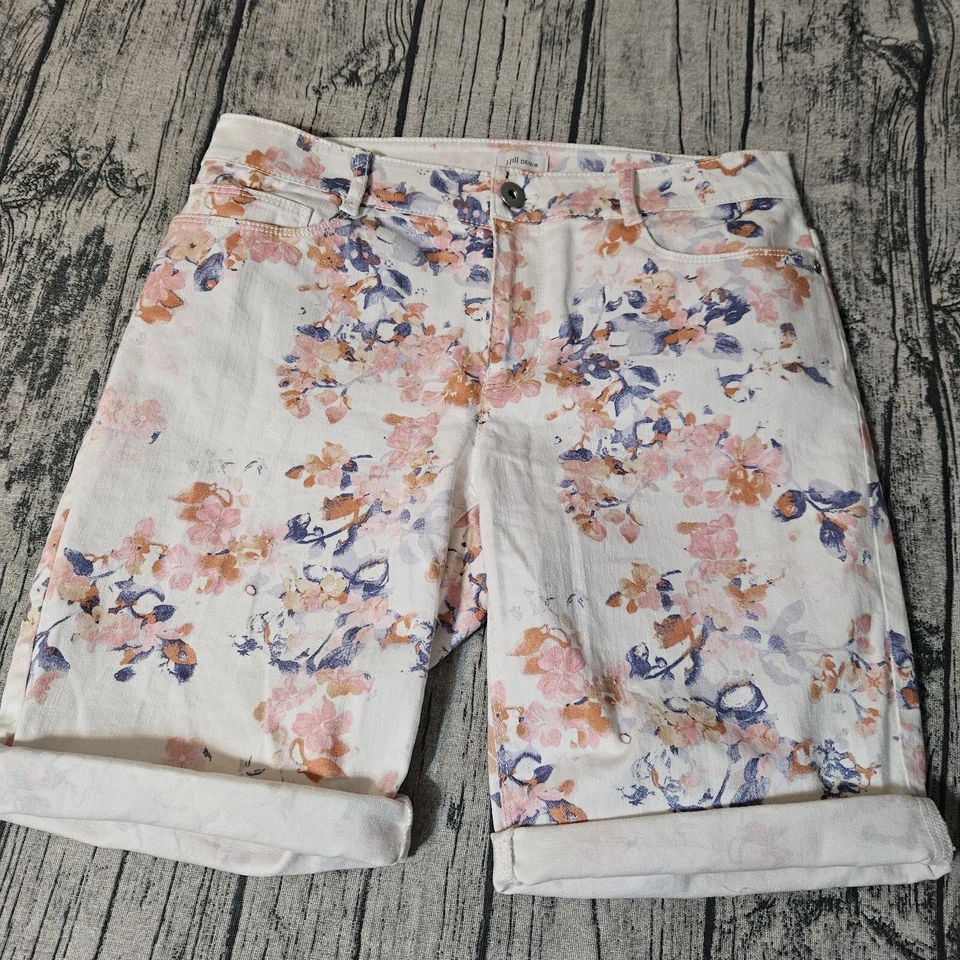 Bermudas de mezclilla J. Jill 6 para mujer blancas rosas azules coral florales elásticas Foto 2 de 4