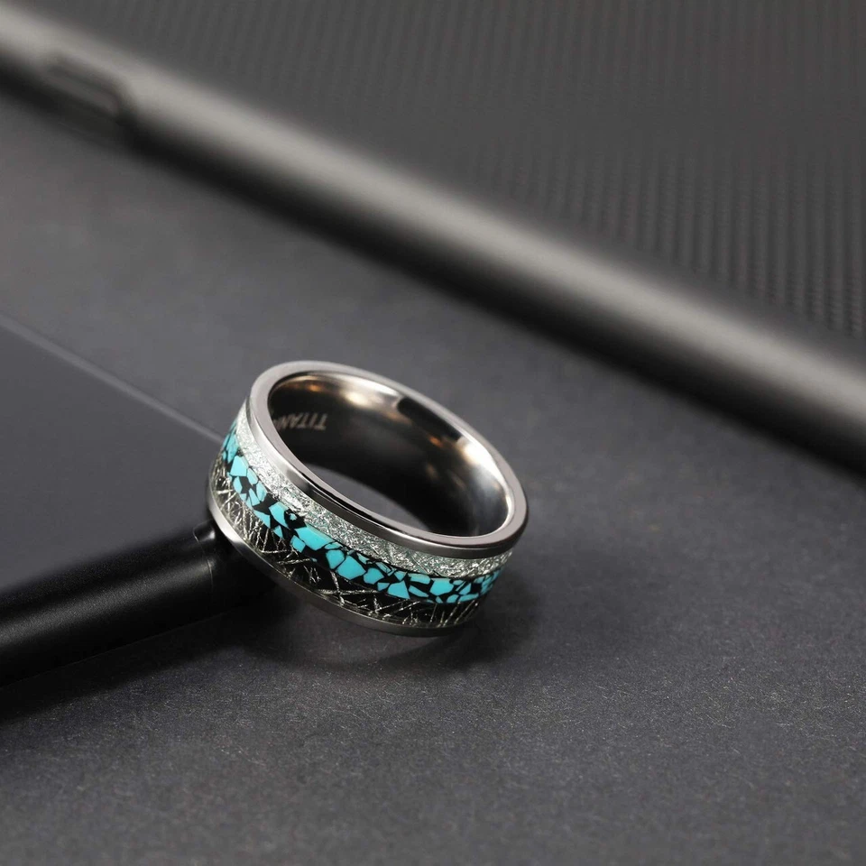 Ebay Wedding Rings For Men. 8mm Steel Band w Turquoise & Duo Meteorite Inlay - Image 3 of 4