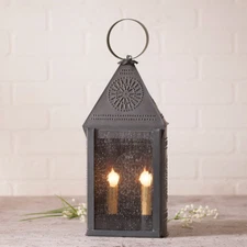 Hospitality Lantern Light Lamp in Blackened Tin with Punched Tin Chisel Design
