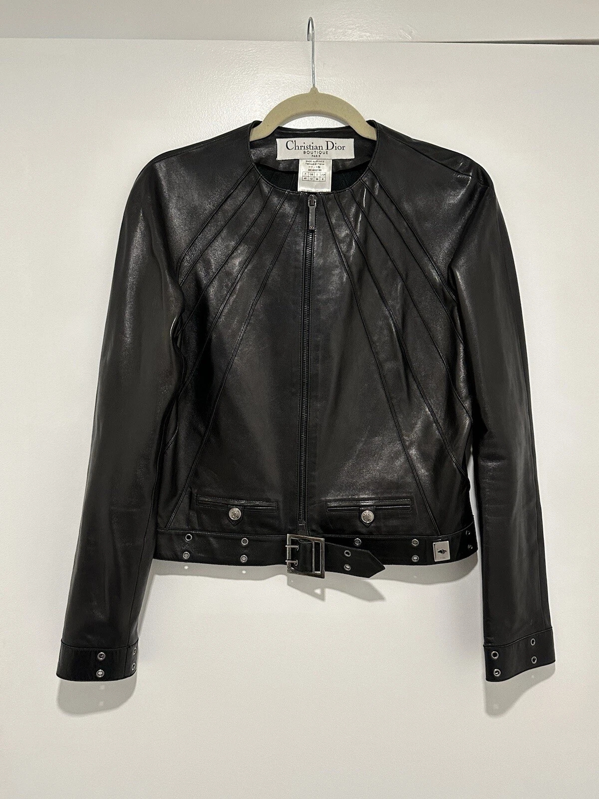 Rare veste moto motard ceinturée cuir noir Christian Dior vintage taille 40 US 8