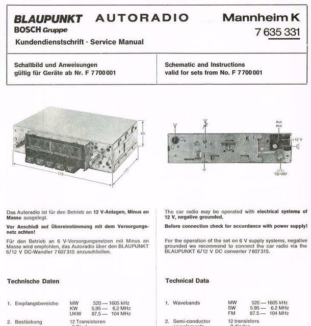 Blaupunkt Mannheim K 7 635 331 Schaltplan Autoradio Original 1975 Ebay