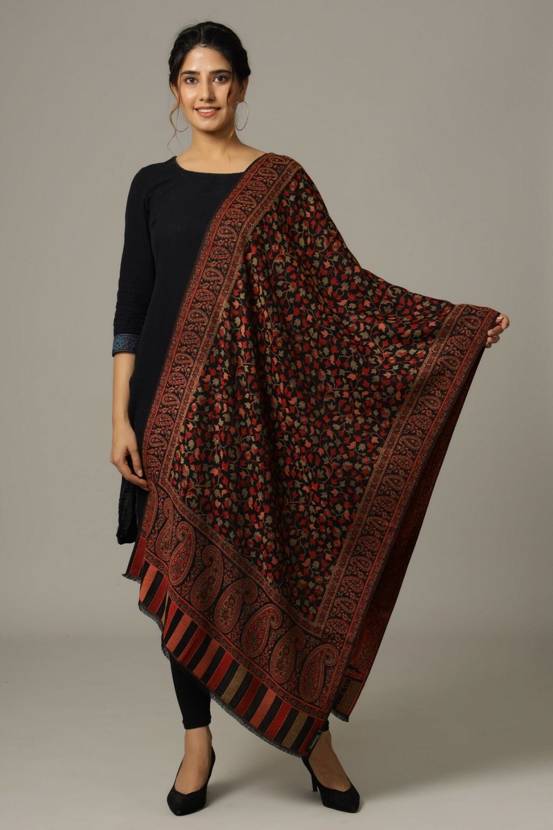 Red Orange & Black Wool Shawl Paisley Jamavar Scarf Jamawar Wrap