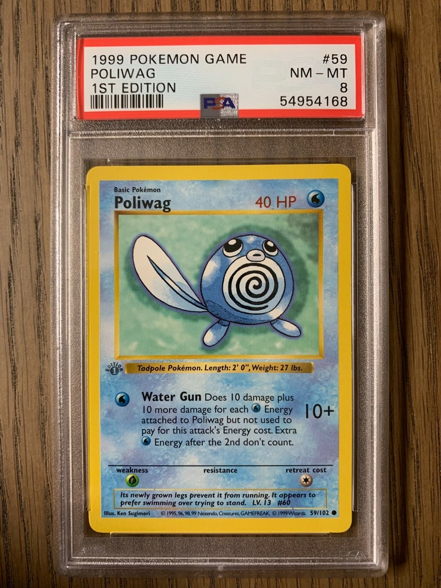 PSA 8 - Pokemon POLIWAG - 1st EDITION Shadowless Base Set - 59/102 - Grey Stamp PSA 8 - Pokemon POLIWAG - 1st EDITION Shadowless Base Set - 59/102 - Grey Stamp