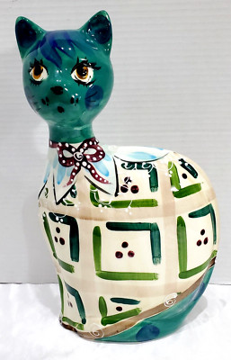 Hand Painted ANATOLY TUROV Art Ceramics Cat Glossy Quilt Design
