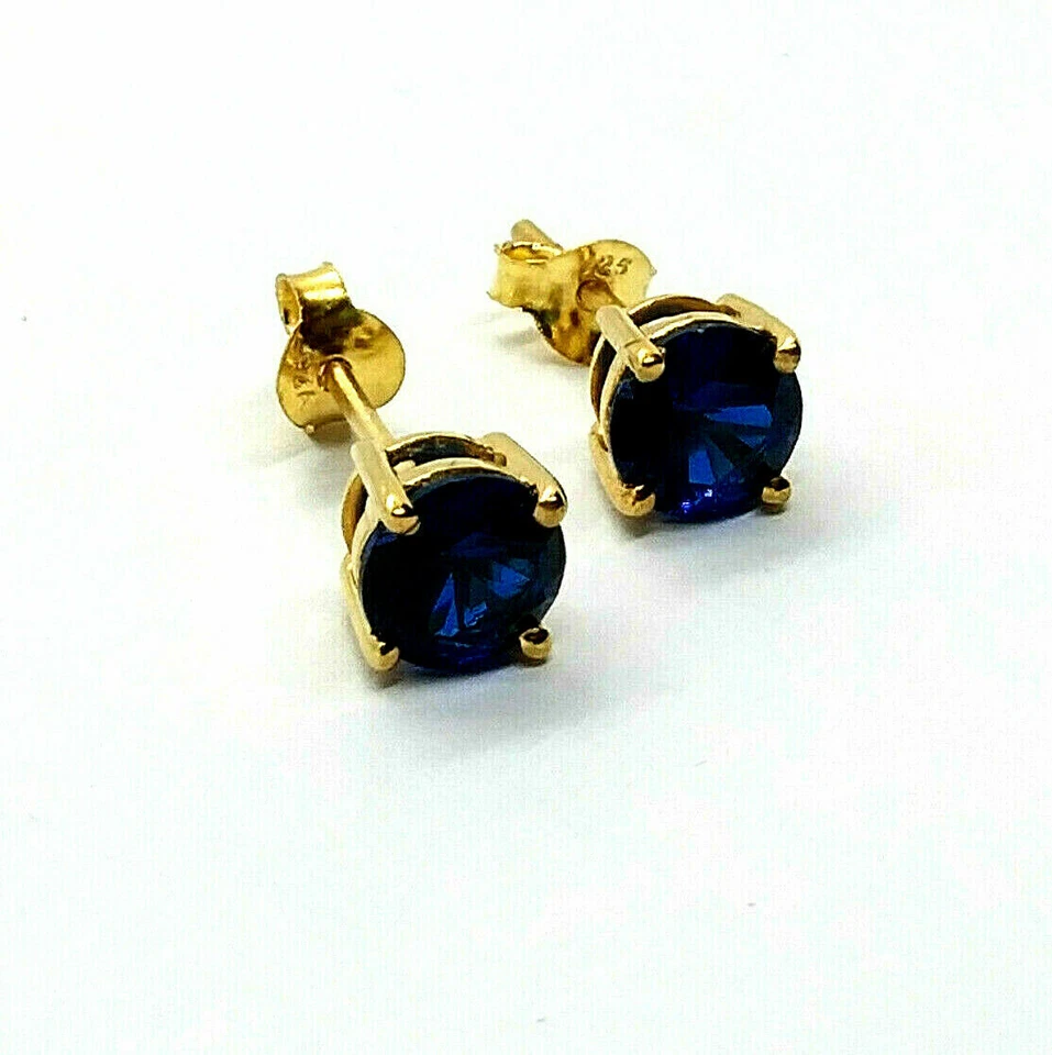 14K Gelbgold Beschichtet 2 Ct Blauer Simulierter Saphir Solitär Ohrstecker - Bild 2 von 4