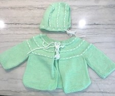 Handmade Baby Cardigan Sweater  Hat Green White Approx Size 3-6 MONTHS Vintage