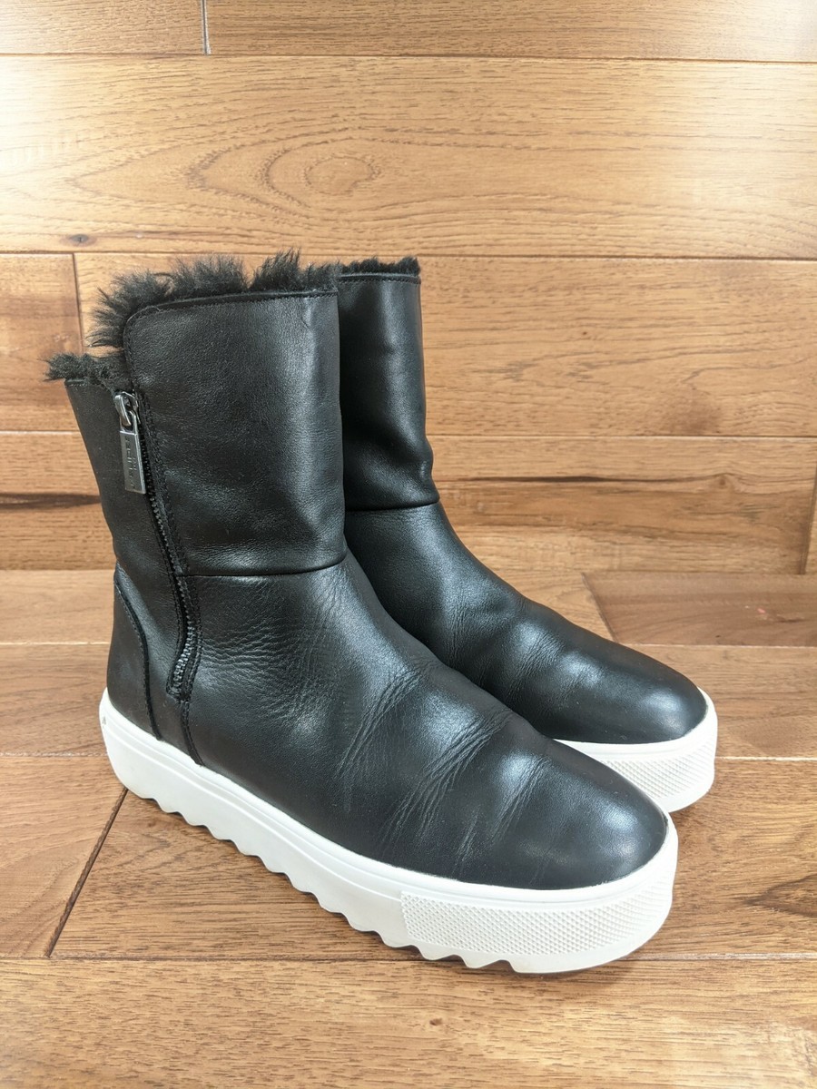 J/SLIDES 'Henley' Women Black Faux Fur Lined Mid Calf Leather Shoe Boot  SIZE