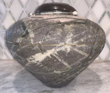 Custom GW Studio Pottery Brass Band Iridescent Pot Urn Vase 8.25”T 10.25”W