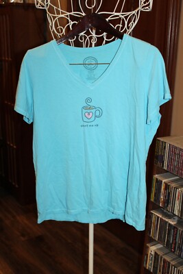 Aqua Life Is Good Start Me Up Coffee Cup v neck T Tee Shirt  Ladies L   (bin164)
