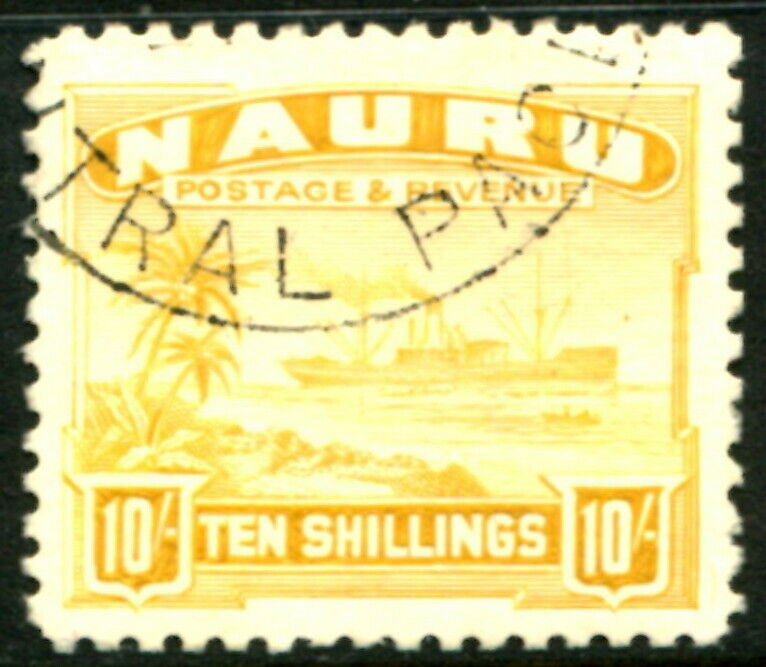 NAURU - 1937 10/- 'YELLOW' Shiny Paper VFU SG39B Cv £100 [D0182]