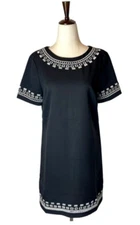 Lulus Dress Women Small Black Short Sleeve Embroidered Crew Neckline Mini Shift
