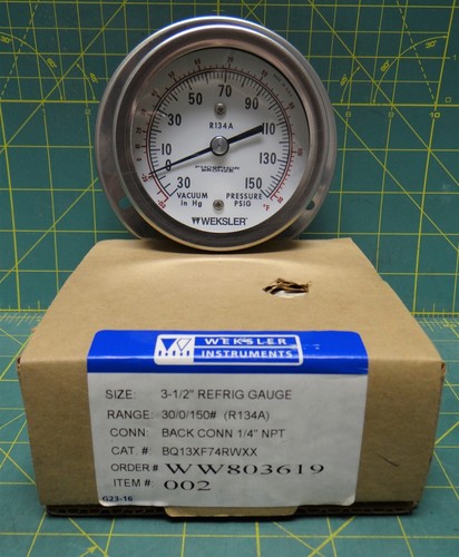 Weksler 3 1/2" Refrigerant Gauge 30"/0/150 PSIG Back Connection 1/4" NPT - Picture 2 of 7
