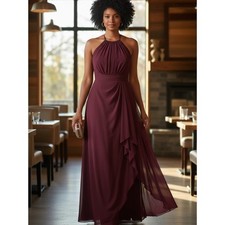 David's Bridal Wine Halter Mesh Neckline Ruched Formal Gown Dress 12