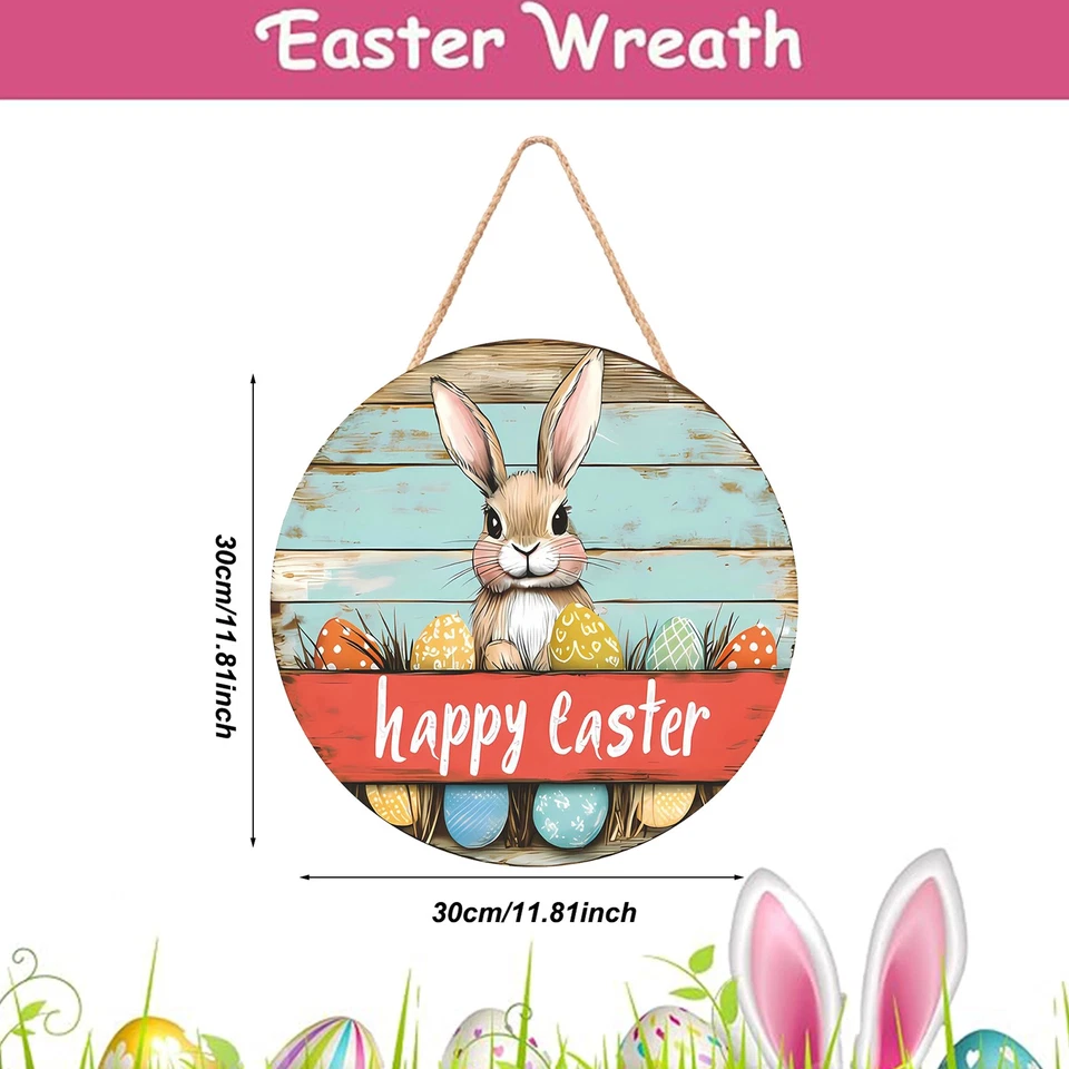 Letrero de bienvenida colgante de madera con decoración de feliz Pascua, letrero de conejito de puerta delantera madera Foto 3 de 4