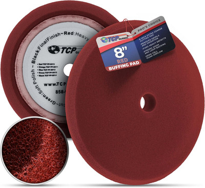 TCP Global 8'' Red Foam Buffing Pad Extra Coarse Cutting Polish Hook and Loop Bac