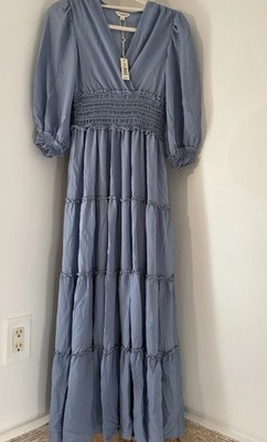 Max Studio London Blue Solid Smocked V-Neck Puff 3/4 Sleeve Maxi Dress XS