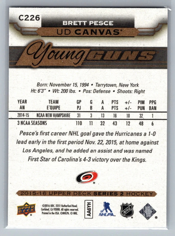 2015-16 Upper Deck #C226 Brett Pesce Carolina Hurricanes - Image 2 of 2