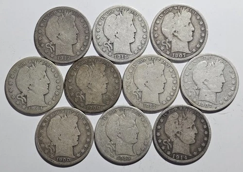 Lot of 10 ~ Barber Half Dollars ~ 90% Silver Coins $5 Face (B100)