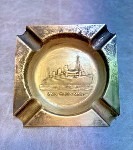 VINTAGE!   RMS Queen Mary Ocean Liner Embossed Brass Ashtray. Sold Onboard.