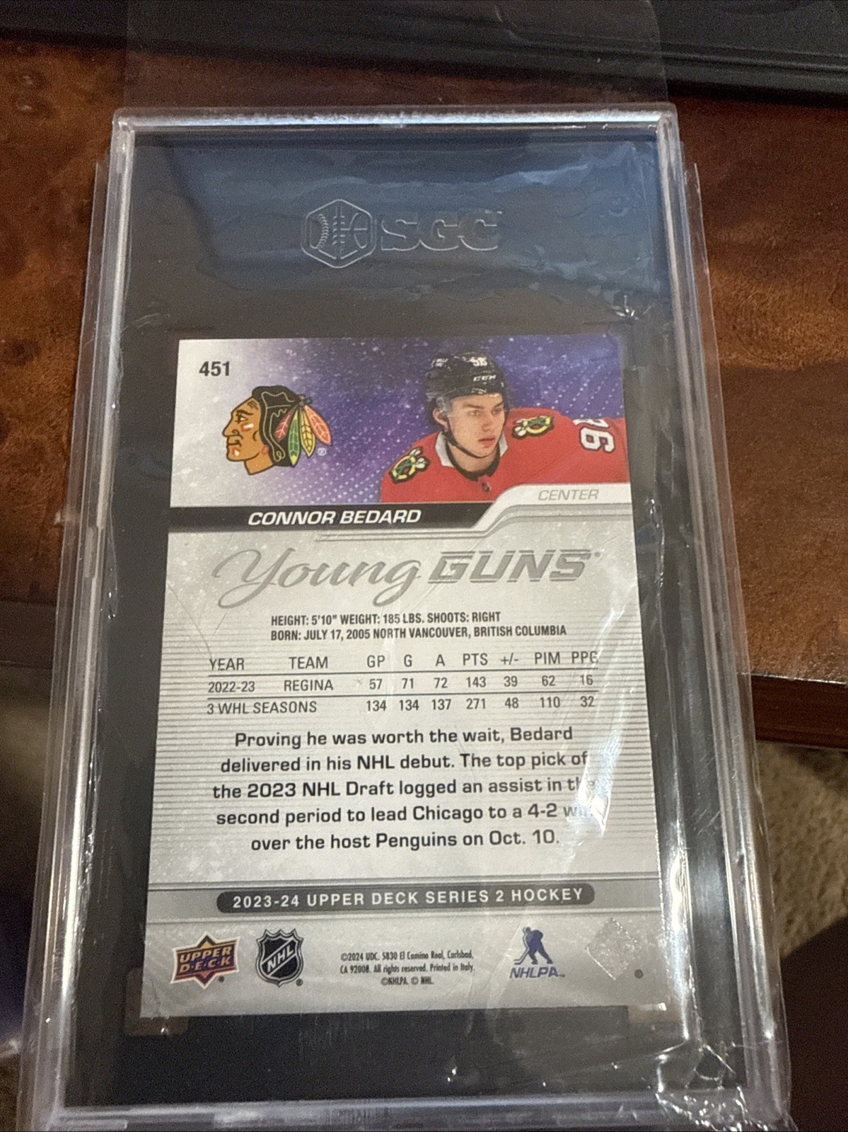 Upper Deck 2023-24 Series 2 Young Guns Connor Bedard #451 SGC 10 Blackhawks view 2
