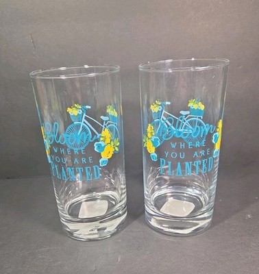 Vtg Crisa Libbey Bloom Where You Are Planted Drinking Glasses Floral Set 2 NOS
