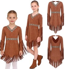 DE Mädchen Indianer Prinzessin Langarm Fransen Kleid Wildleder Indianer Kostüm