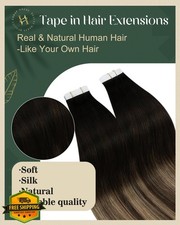 Ugeat 20" Ombre Tape Hair Extensions Human Hair Black to Caramel Brown 20Pcs