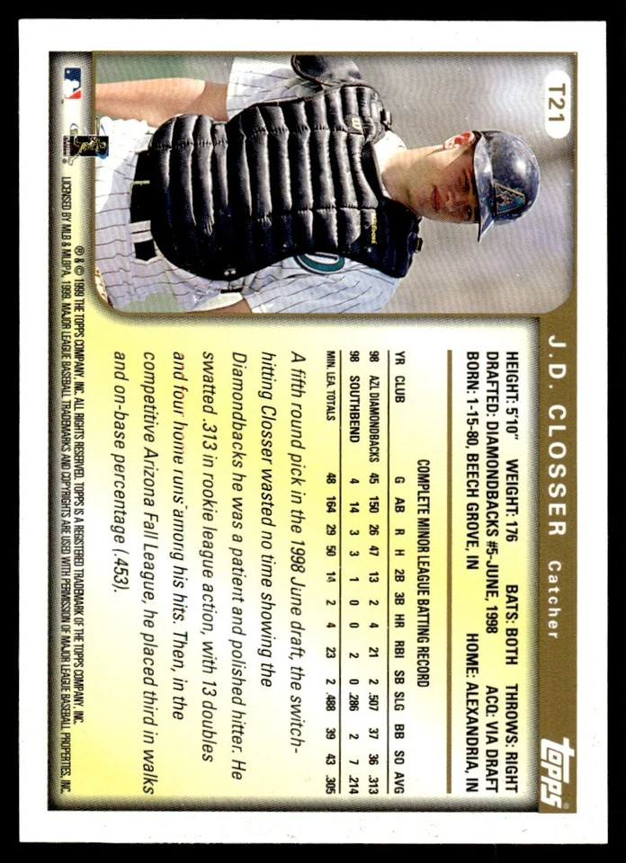 1999 Topps Traded & Rookies J.D. Closser Rookie Arizona Diamondbacks #T21 - Image 2 of 2