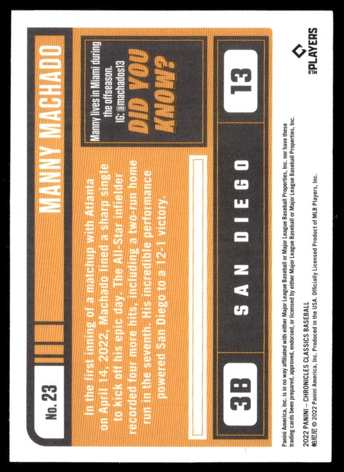 2022 Panini Chronicles - Classics Manny Machado #23 - Image 2 of 2