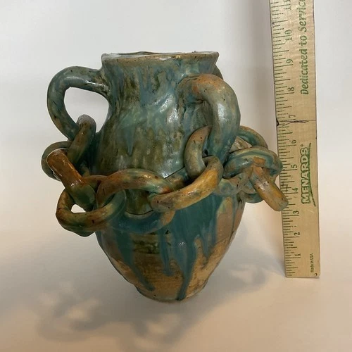 Jarrón envolvente de cadena de cerámica esmaltada en sal asiática bronceada/verde hecho a mano de colección 10"x10" Foto 4 de 4