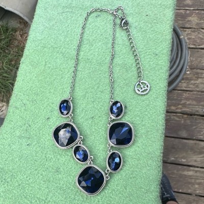 Trifari signed  Silver Tone Statement Necklace Blue Simulated Crystal