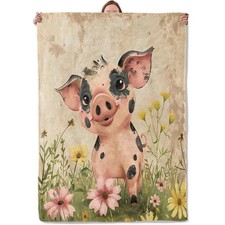 Pig Daisy Blanket Flannel Throw Blankets, Cute Farm Animal and Floral Lightwe...