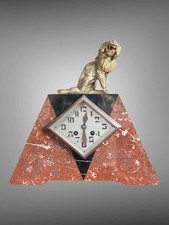 Exquisite French Art Deco Marble Dog Figural Lion Mantel Shelf Clock