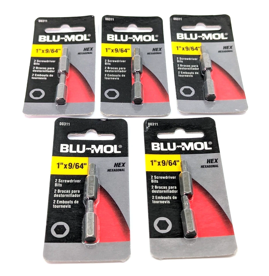 5 Packs (10 Bits) 1” x 9/64” Blu-Mol Hex Driver Insert Bits, ¼” Shank - Image 2 of 4