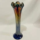 Fenton 6 Side Cobalt Blue Iridescent Carnival Glass Swung Vase Ruffled Edge 11"