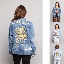 Women's Ripped Distressed Savage Tiger Denim Jean Jacket Coat      RJK3202