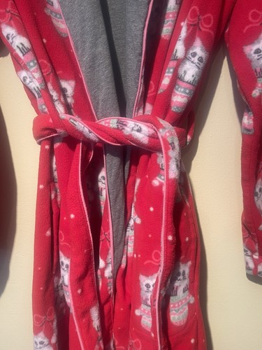 Nick & Nora Red Lined Fleece Wrap Tie Knee length Robe KITTENS in MITTENS XS/S - 第 3/5 張圖片