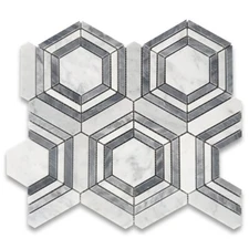 C33GXH Carrara White Gray Marble Hexagon Georama Geometric Mosaic Tile Honed