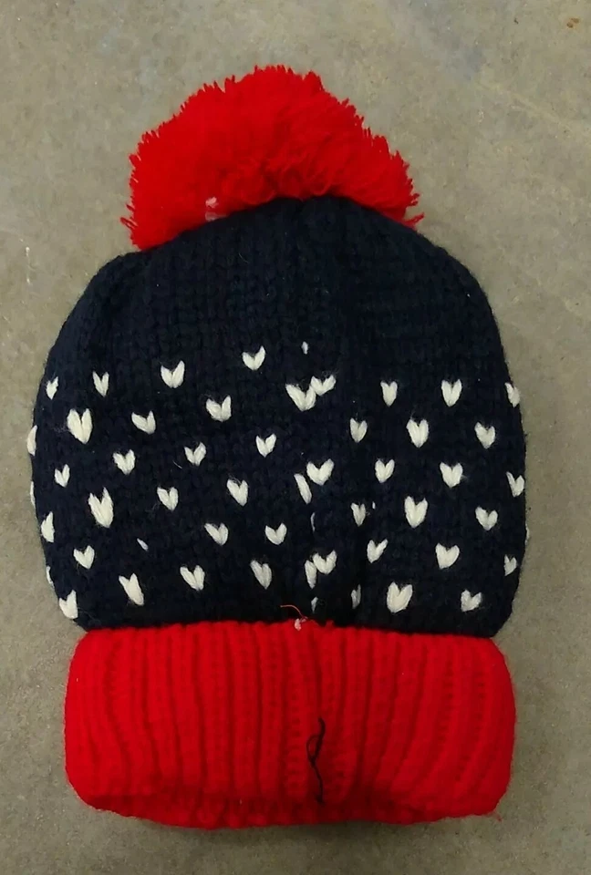 Sombrero Tejido Forrado con Suave Vellón Blanco Rojo Pompón Azul con Corazones Blancos Foto 2 de 4