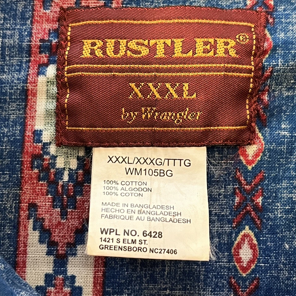 VTG Rustler Wrangler Western Checotah Shirt XXXL Blue Pearl Snap Button L/S Men - Image 3 of 4